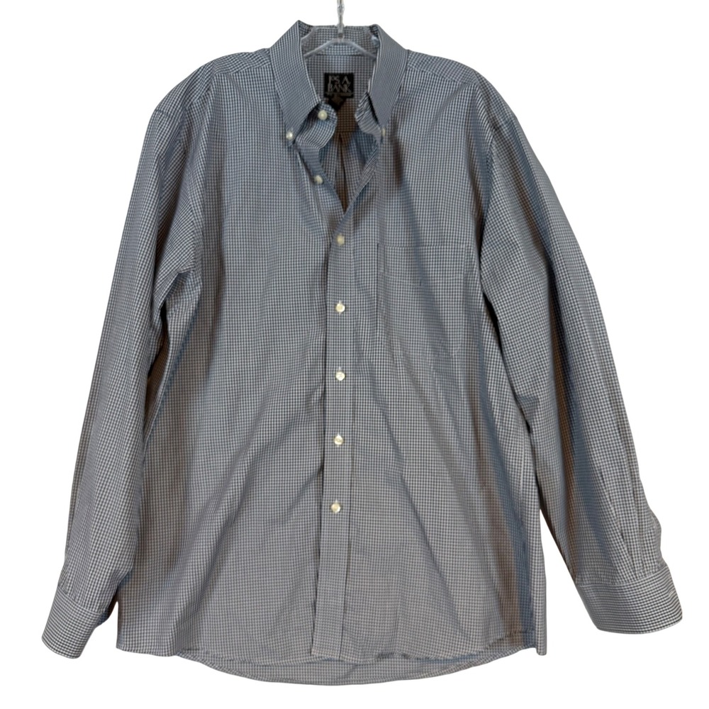 Jos A Bank Traveler Collection Shirt Mens L Tailored Fit Navy Gingham Cotton L/S